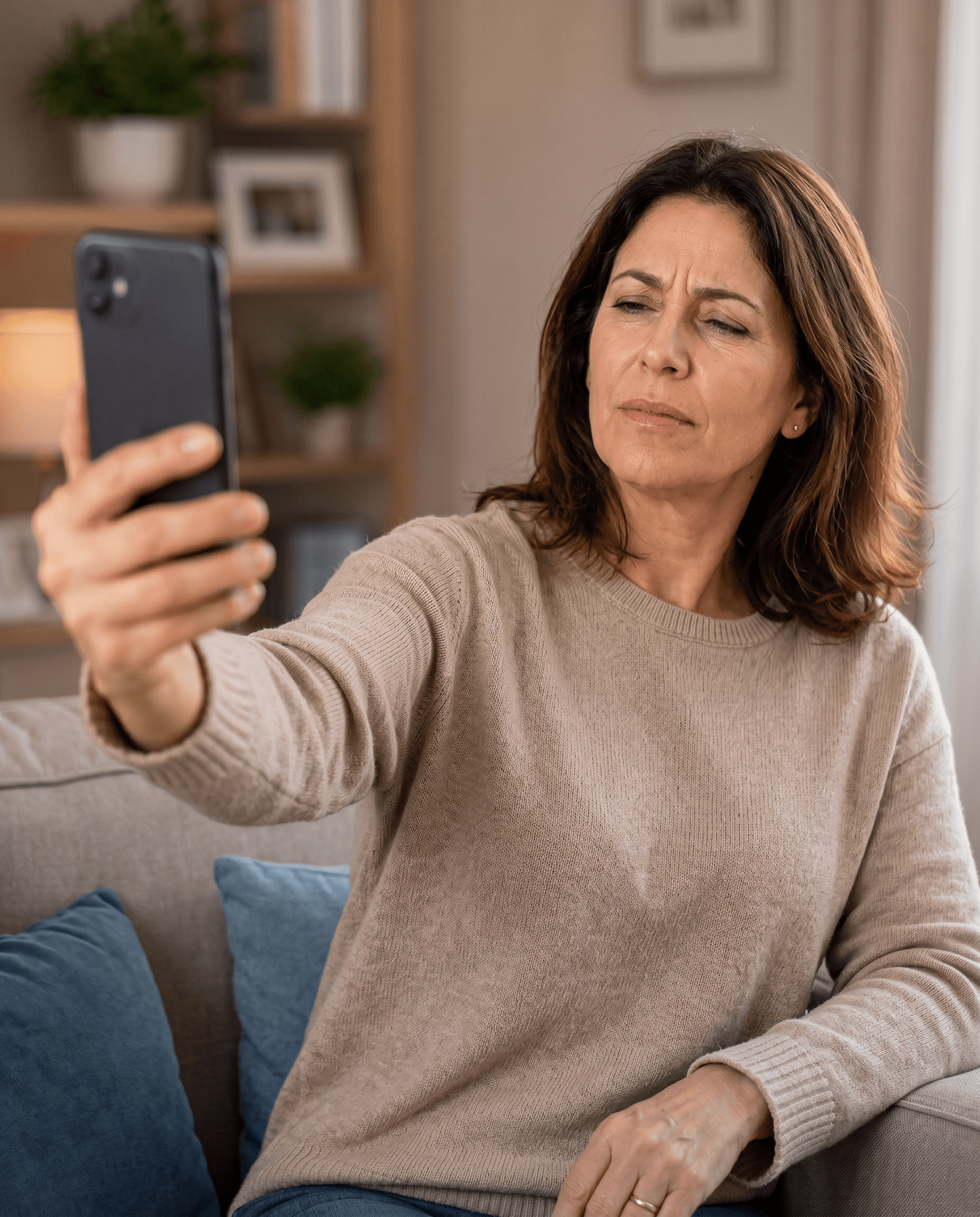 Mulher afastando o celular para focar